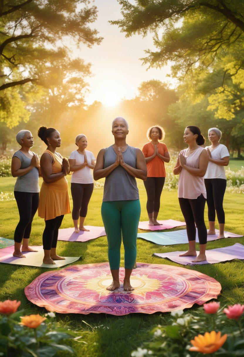 A radiant sun rises over a diverse group of cancer survivors, standing together in a lush, green park, symbolizing hope and unity. Each individual holds a unique emblem representing holistic health practices, like yoga mats, herbal teas, or meditation cushions. Surround them with blooming flowers and gentle, warm light to evoke a sense of empowerment and community support. Include vibrant colors and subtle textures to enhance the emotional impact. super-realistic. vibrant colors. peaceful background.