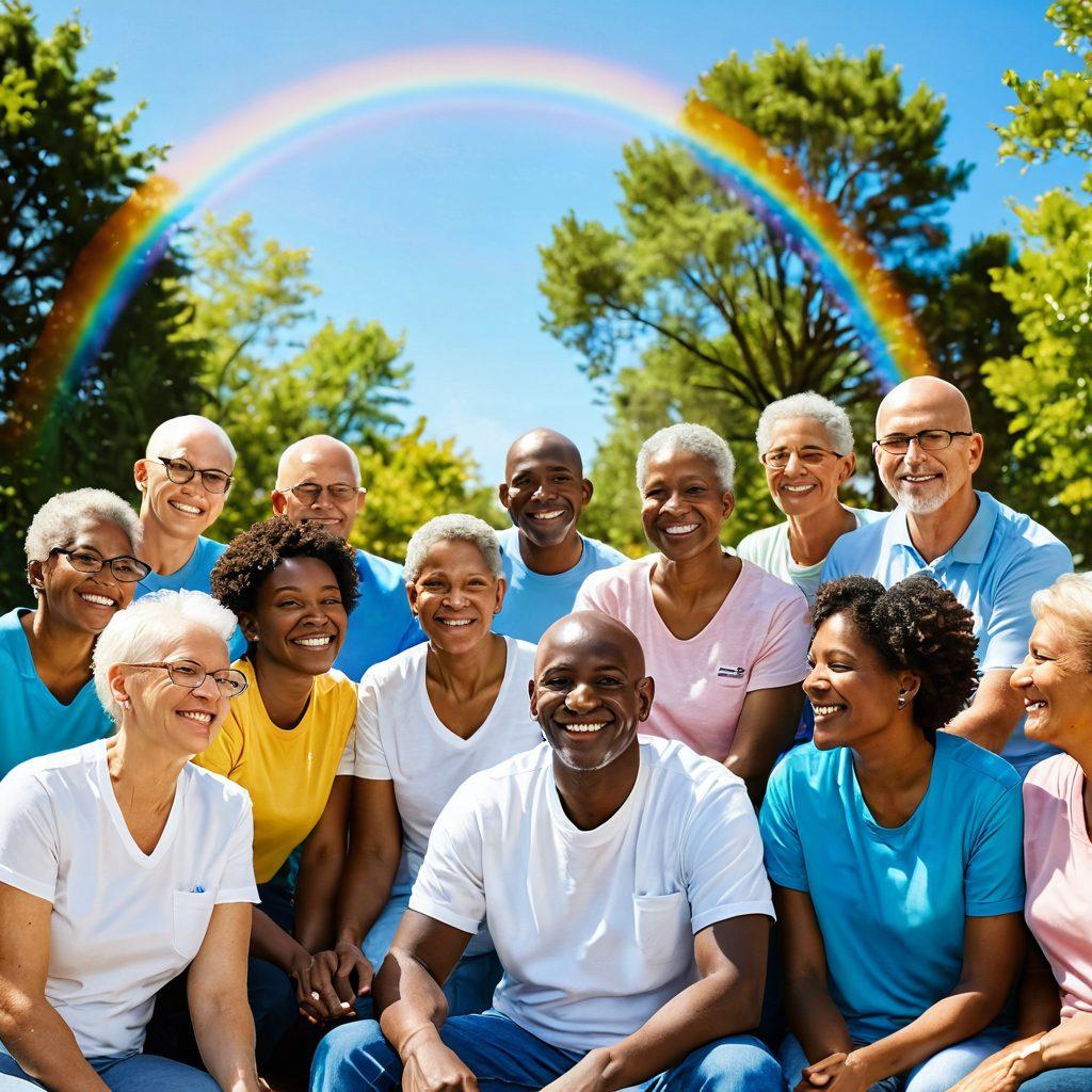 A diverse group of people, including cancer survivors and support friends, huddled together sharing stories in a warm, sunlit park setting. Their expressions show hope and strength, surrounded by blooming flowers symbolizing growth. In the background, a rainbow arcs across a clear blue sky, emphasizing the theme of resilience through community support. vibrant colors. super-realistic. warm tones.