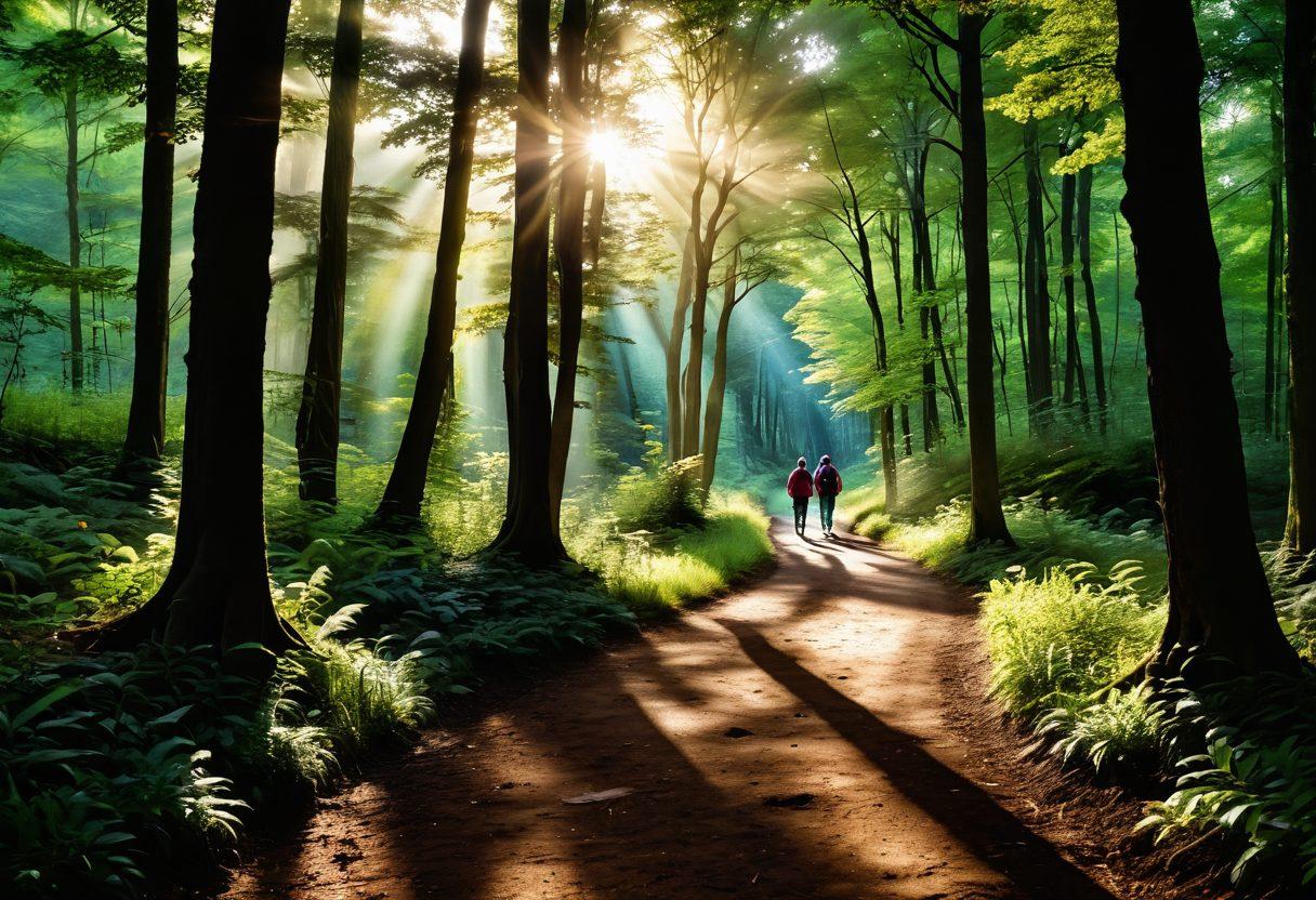 A serene path winding through a lush green forest, symbolizing the journey of cancer survivorship. Along the path, detailed educational resources like open books and guiding signs point towards hope and strength. In the distance, rays of sunlight break through the trees, creating a warm, comforting atmosphere. Include silhouettes of individuals walking together, representing community support. soft focus. vibrant colors. natural setting.